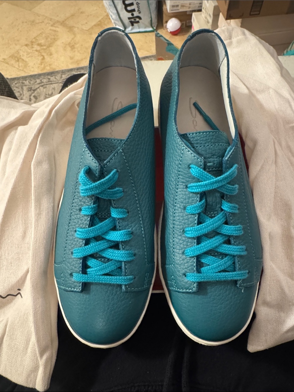 Santoni Teal Leather Sneakers with Turquoise Laces